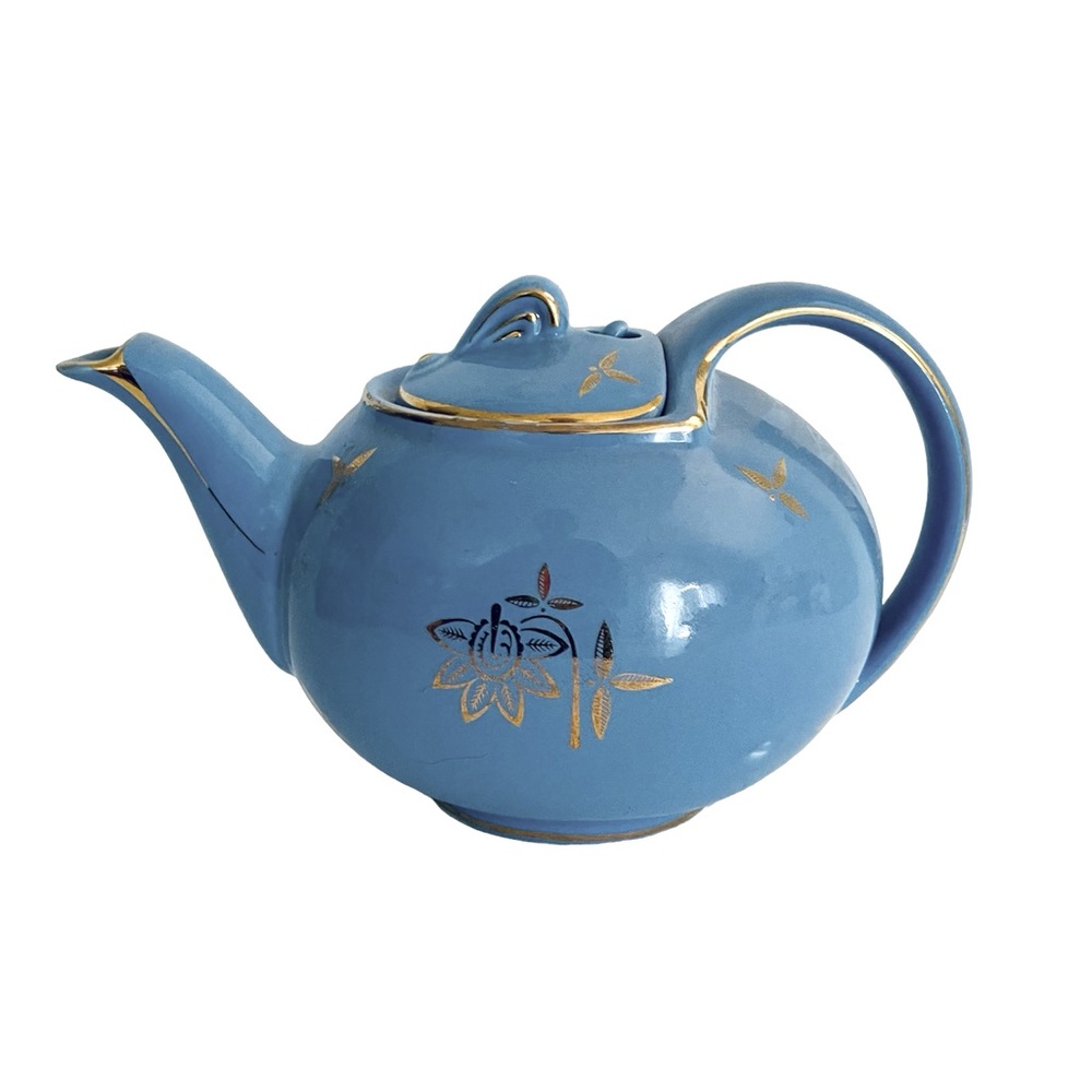 Hall Vintage Cadet Blue with Gold detailing 6-Cup Teapot Hook Lid Made in USA